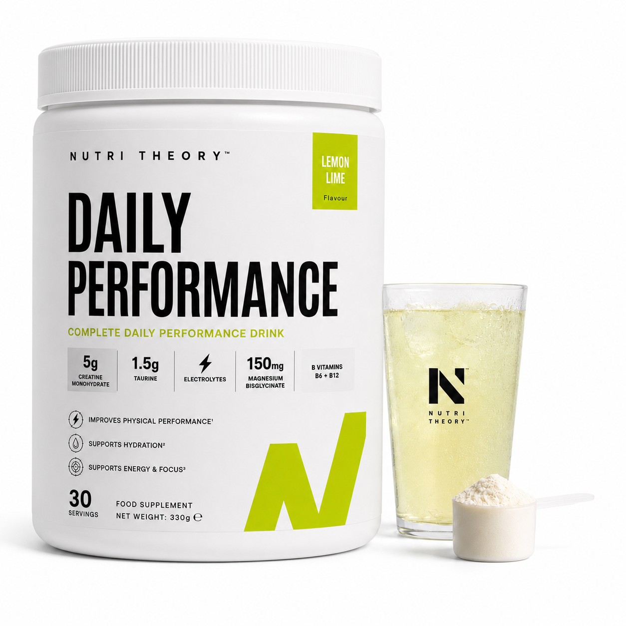 Nutri Theory Daily Performance lemon lime supplement jar, drink and scoop